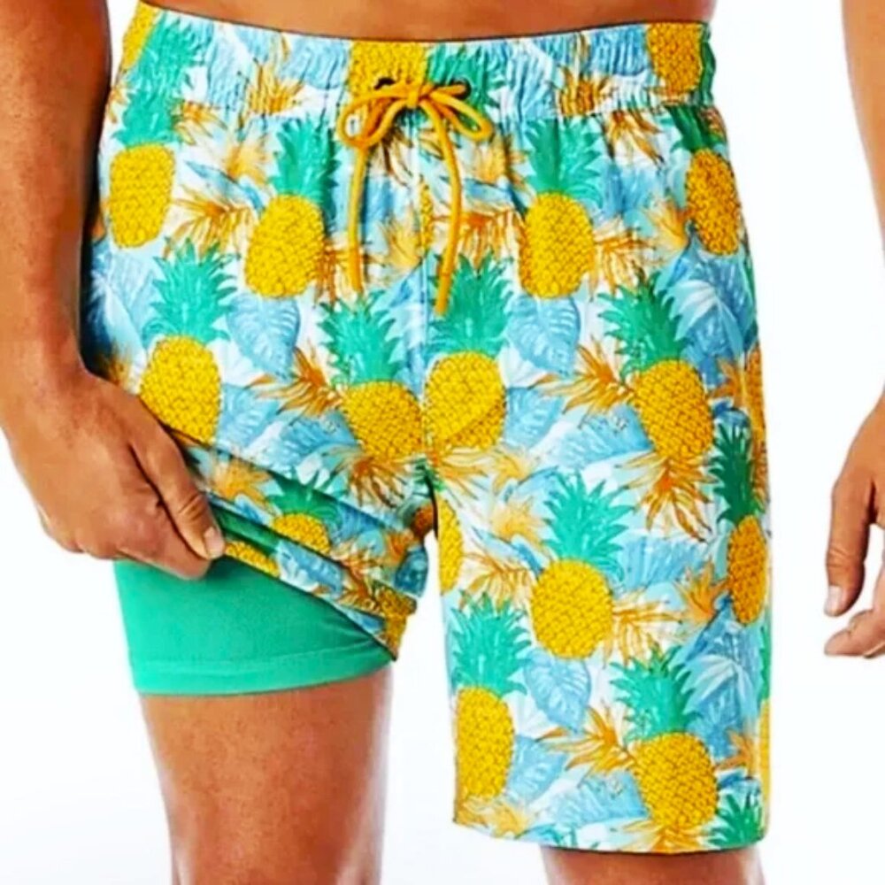Men Board Shorts Swim Trunks XXL Tropical Pineapple Palm Tree Print, 42 Waist